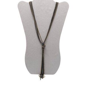 Multilayered Gunmetal and Gold Crystal Lariat Necklace With Knotted Accent